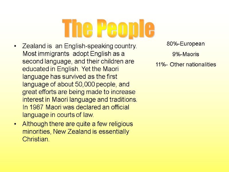 The People 80%-European 9%-Maoris 11%- Other nationalities Zealand is  an English-speaking country. Most